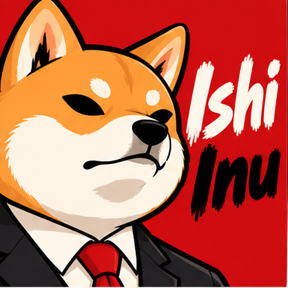 Ishi Inu portrait in a suit with the Ishi Inu name on a red background