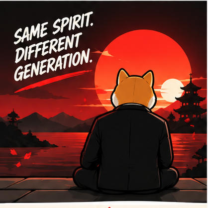Ishi Inu looking across a red sunset with Same Spirit Different Generation lettering