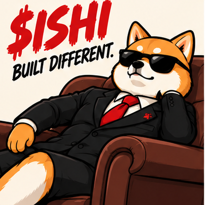 Ishi Inu relaxing in a leather chair wearing sunglasses beside ISHI Built Different lettering