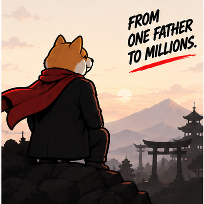 Ishi Inu in a red scarf overlooking mountains beneath From One Father to Millions lettering