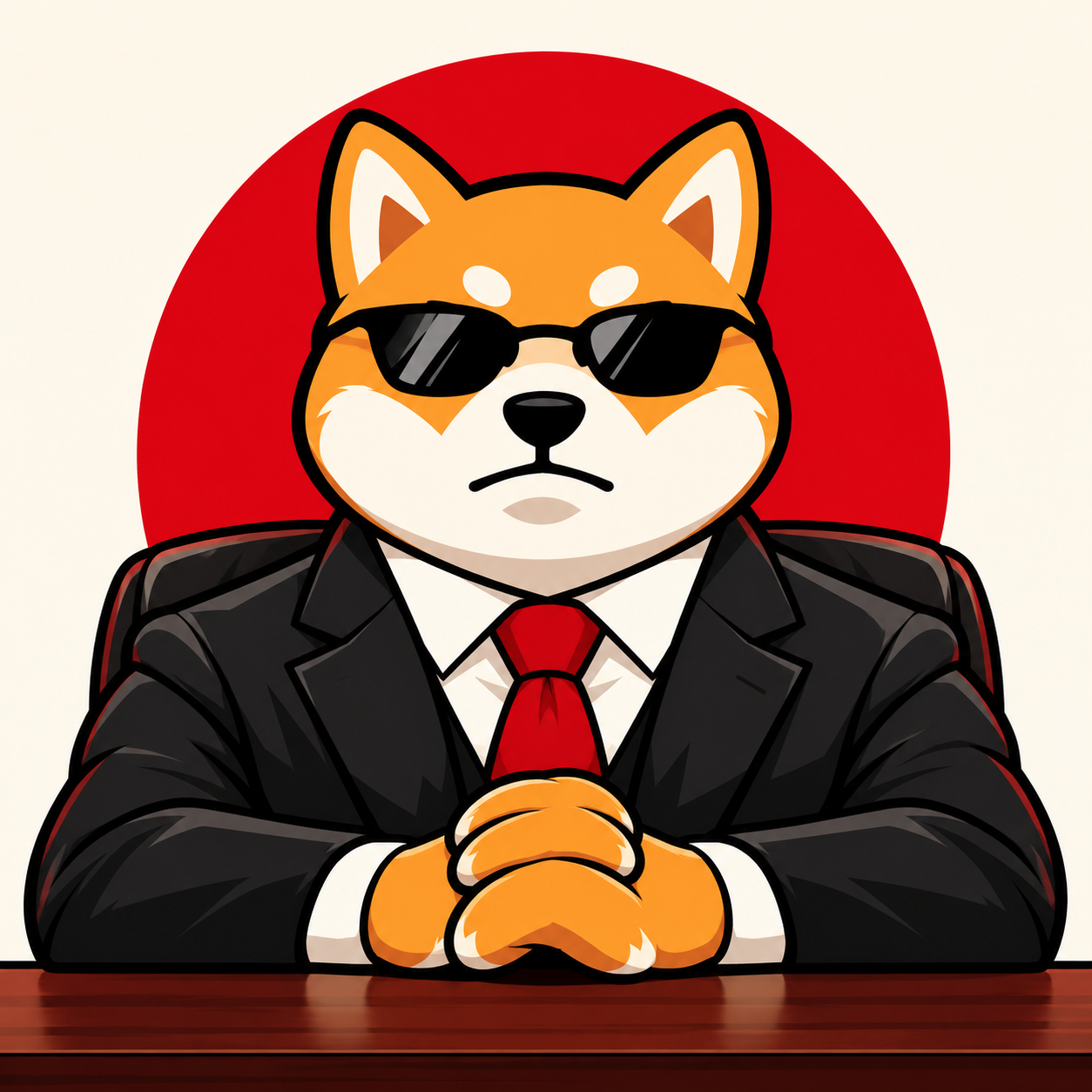 Ishi Inu in a black suit and sunglasses, presiding over the family desk