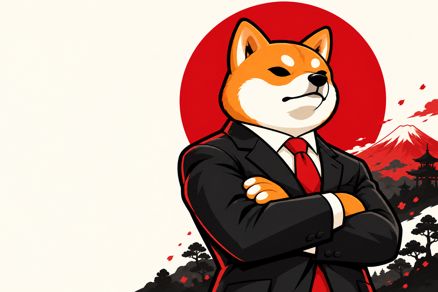 Ishi Inu, an orange Shiba in a black suit and red tie, stands with folded arms before a red sun